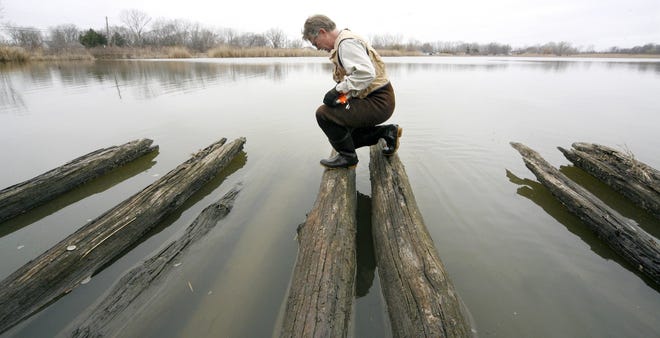 Daniel Harrison checks out the remains of wood from a historical road built in 1812 in Brownstown Township, Mich. The road wa known was Hull's Trace and it was a military road. The Associated Press