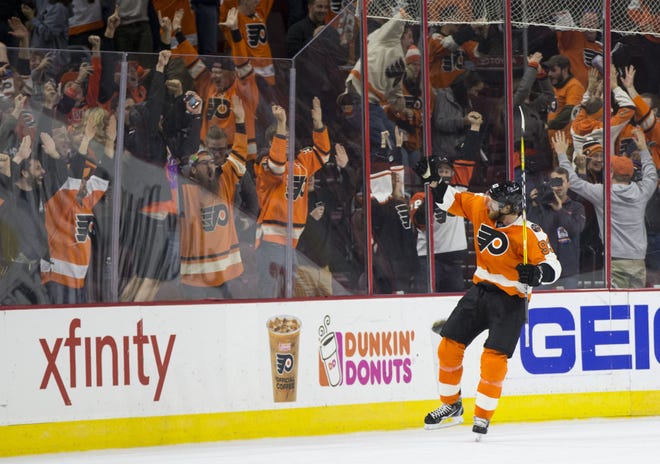 The Flyers' Jakub Voracek reacts to winning the game with his shootout tally against the Buffalo Sabres on Tuesday, Oct. 25, 2016, in Philadelphia. The Flyers won 4-3 in a shootout.