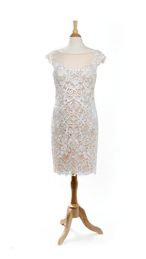 Ivory JVN by Jovani short lace dress with cap sleeves and sheer neckline from Henri's Cloud Nine ($398)