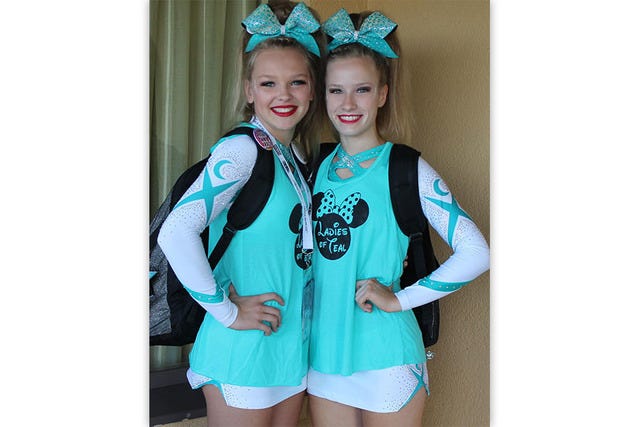 READY TO GO — Jillian Lanier, left, and her teammate Kayla Atkins ready to compete at Worlds in Orlando, Fla. (Contributed)