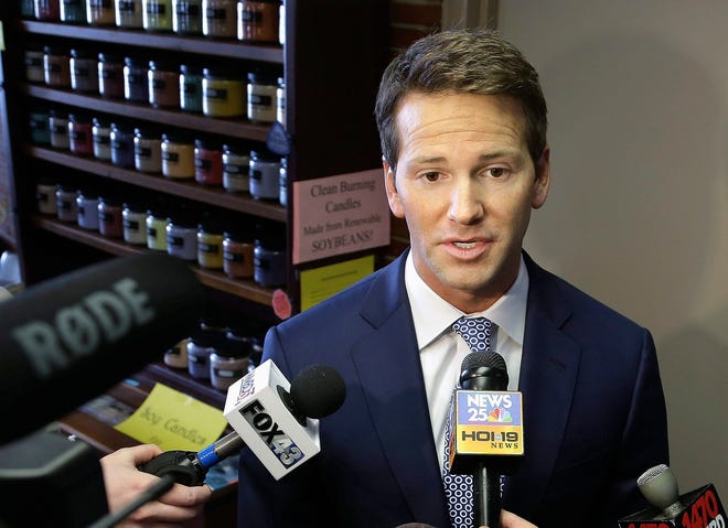 In this Feb. 6, 2015 file photo, Rep. Aaron Schock, R-Ill. speaks to reporters in Peoria. (AP Photo/Seth Perlman, File)