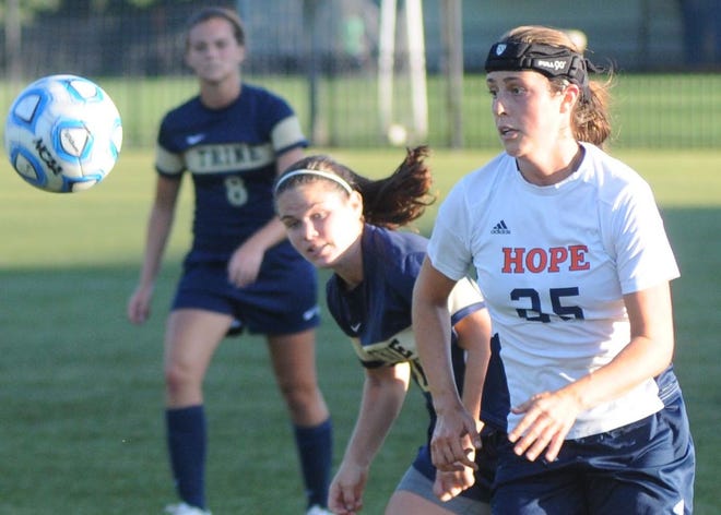 Hope's Elizabeth Perkins, right, broke the school scoring record for goals and points this week. Contributed/Hope College