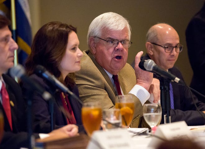 Public Service Commissioner Foster Campbell, D-Bossier Parish, speaks during a candidate forum for U.S. Senate Thursday at the Tchefuncta Country Club in Covington. From left, are: U.S. Rep. John Fleming, R-La.; New Orleans lawyer Caroline Fayard; Campbell; and U.S. Rep. Charles Boustany, R-La.