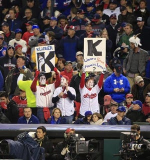 K’s are held up as Corey Kluber gets a strike out. (Bob Rossiter The Repository)