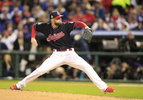 Corey Kluber delivers during the first inning of Tuesday’s Game 1 of the World Series. (Bob Rossiter The Repository)
