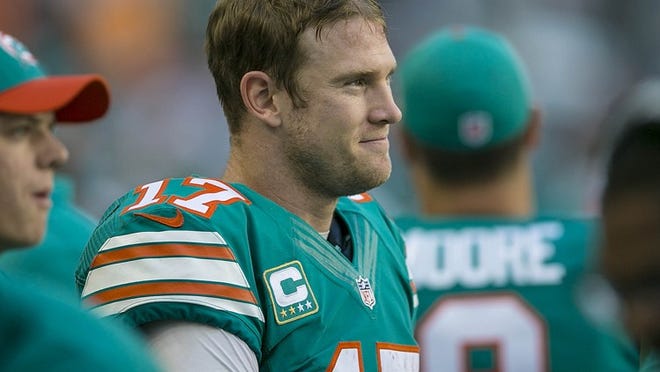 Miami Dolphins quarterback Ryan Tannehill (17) smiles as times runs out of against the Buffalo Bills during his team’s victory October 23, 2016 at Hard Rock Stadium in Miami Gardens. (Bill Ingram / The Palm Beach Post)