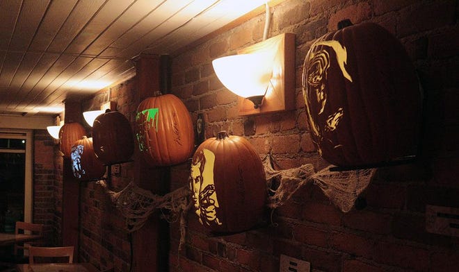 Art show of professionally crafted Portrait Pumpkins by Joey Edwards is up right now through the end of October at the Axe and Fiddle in Cottage Grove.