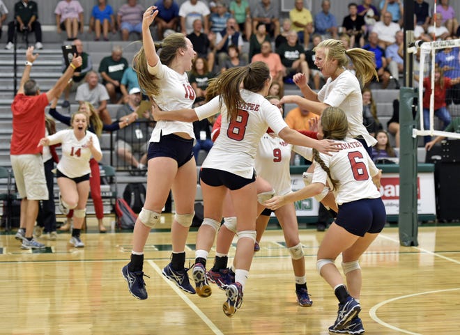The Manatee Hurricanes celebrate their 3-1 win over the Venice Indians during the Class 8A-Region 3 semifinal on Thursday in Venice. HERALD-TRIBUNE STAFF PHOTO / THOMAS BENDER