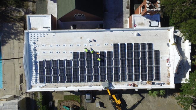 A drone shows solar panels on the roof of St. Paul’s Episcopal church on Abercorn Street. The installation saves money, not a trivial concern for the congregation of about 325 people. Courtesy of Hannah Solar