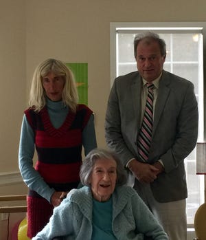 CENTENARY: Valentine Mason, a longtime Osterville resident, celebrated her 100th birthday on October 26 with friends and family, including her daughter, Stephanie Mason Hinckley, and her son, Jack. COURTESY PHOTO