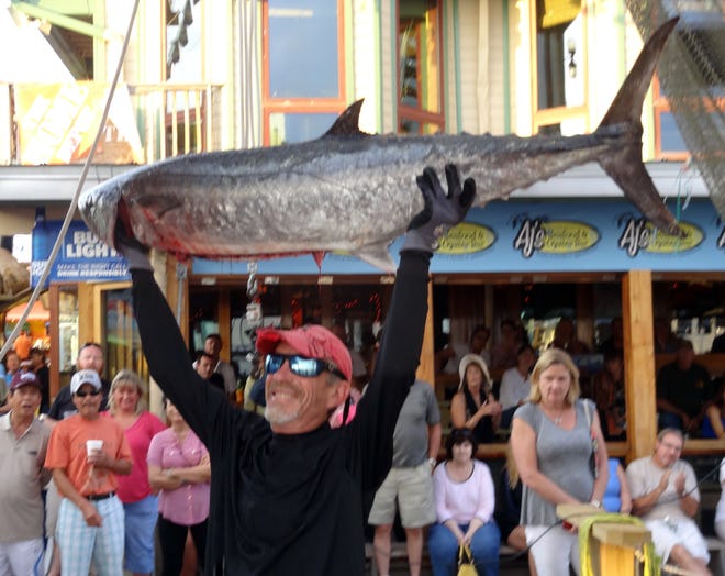 Kent Hardin, 68, hoists his 52-pound king mackerel up for the crowd to see at the Destin Fishing Rodeo Thursday afternoon. His catch is leading in the senior division. TINA HARBUCK/THE LOG