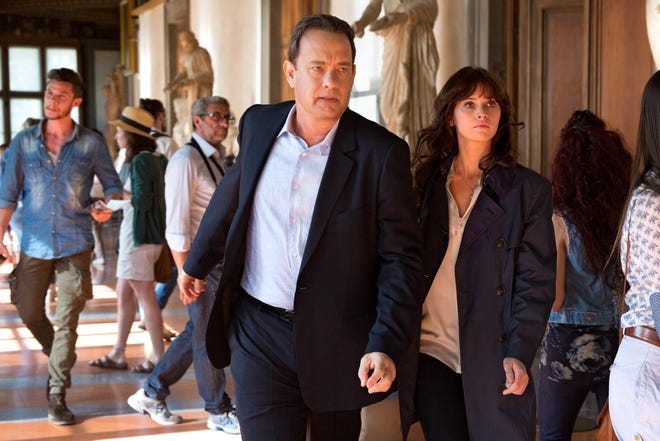 Tom Hanks, left, and Felicity Jones in a scene from "Inferno," in theaters on Oct. 28. (Columbia Pictures)