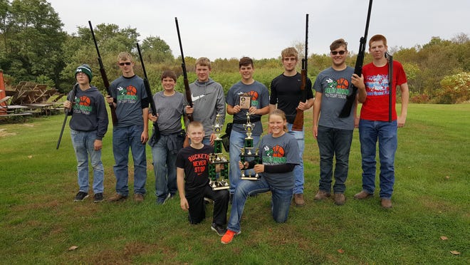 The Scales Mound FFA trap team recently traveled to Kewanee to participate in the first annual Levy Hammer Memorial Trap Tournament. Pictured, from left, back row, are Connor Fosler, Tyler Allen, Collin Malin, Ben Werner, Jaxon Westbrook, Ryan Schiess, Cameron Ziarko and Luc Fox; front, Collin Fosler and Garrett Pickel. PHOTO PROVIDED
