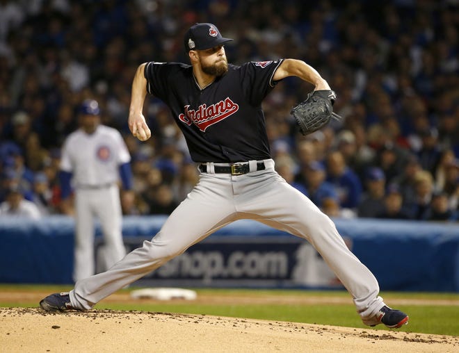 Cleveland Indians starting pitcher Corey Kluber throws during the first inning of Game 4 of the World Series on Saturday. THE ASSOCIATED PRESS/NAM Y. HUH