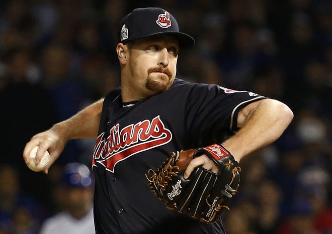 Cleveland Indians relief pitcher Bryan Shaw throws during the seventh inning of Game 3 of the Major League Baseball World Series against the Chicago Cubs, Friday, Oct. 28, 2016, in Chicago. (AP Photo/Nam Y. Huh)