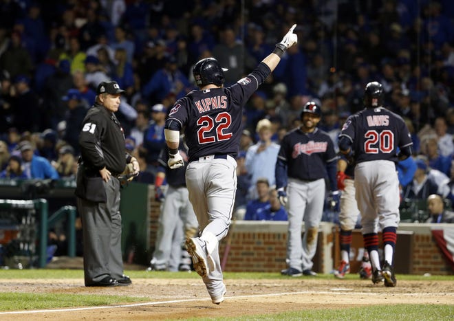 Cleveland Indians’ Jason Kipnis (22) celebrates after hitting a three-run home run during the seventh inning of Game 4 of the Major League Baseball World Series against the Chicago Cubs, Saturday, Oct. 29, 2016, in Chicago. (AP Photo/Nam Y. Huh)