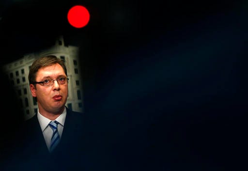 FILE- In this Friday, June 19, 2015 file photo, Serbia's Prime Minister Aleksandar Vucic during a press conference in Belgrade, Serbia. Serbia's interior minister Nebojsa Stefanovic said Vucic has been moved to a safe location after a large of cache of weapons including anti-tank rocket, hand grenades and sniper rifle ammunition was found Saturday Oct. 29, 2016, near his family home near Belgrade. (AP Photo/Darko Vojinovic, FILE)