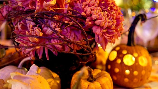 For tables at a fundraising dinner last week in New York City designed by Dorothy Draper & Co., small pumpkins carved with geometric shapes complemented a arrangement of chrysanthemums provided by floral expert Bridget Vizoso and her team. Photo by Leyla Tulun, courtesy of Bridget Vizoso