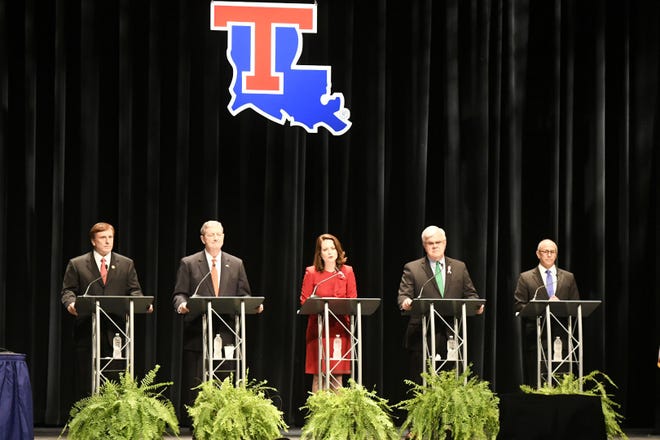 Pictured from left to right are U.S. Senatorial candidates, John Fleming, John Neely Kennedy, Caroline Fayard, Foster Campbell and Charles Boustany Jr. during a forum at the campus of Louisiana Tech University on Tuesday, Oct. 18, 2016.