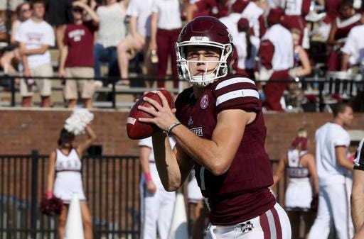 Mississippi State quarterback Nick Fitzgerald, a Richmond Hill High School graduate, prepares to pass during the first half of a game against Samford on Saturday in Starkville, Miss., Saturday, Oct. 29, 2016. (AP Photo/Jim Lytle)
