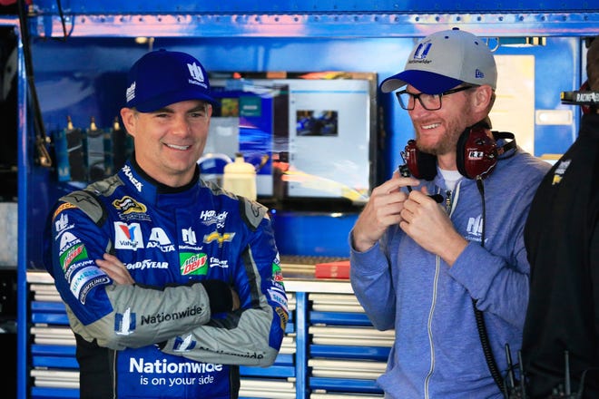 Jeff Gordon, left, seemed pretty happy subbing for Dale Earnhardt Jr. for eight Cup races this season. GETTY IMAGES/CHRIS TROTMAN