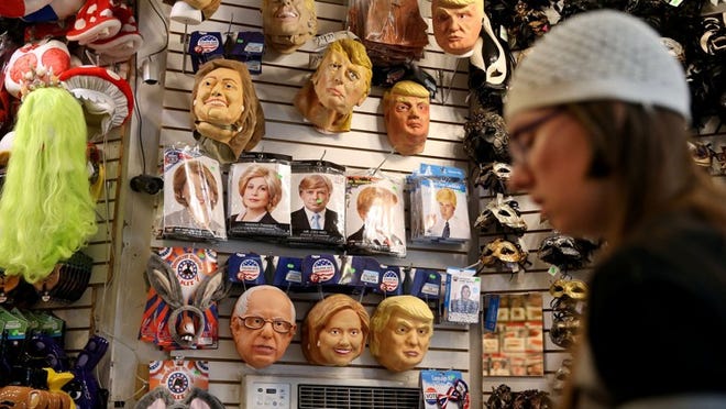 Hillary Clinton and Donald Trump costumes on display at Chicago Costume.
