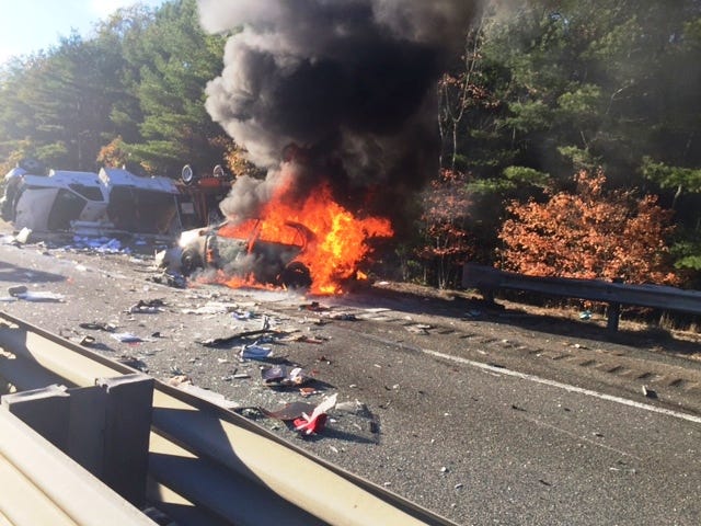 A four-car crash on Route 44 in Middleboro injured four people, one seriously, and sparked a fire that closed the highway after 4 p.m., Tuesday.