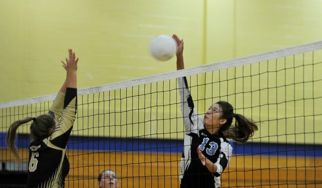 CHRISTINA.KELSO@STAUGUSTINE.COM Ponte Vedra advanced to the Class 6A semifinals on Tuesday night after a 25-19, 22-25, 25-20, 25-16 win over Weeki Wachee. Sharks middle blocker Aya Kusumoto, one of four senior starters, finishes an attack in a Sept. 20 district win over Menendez.