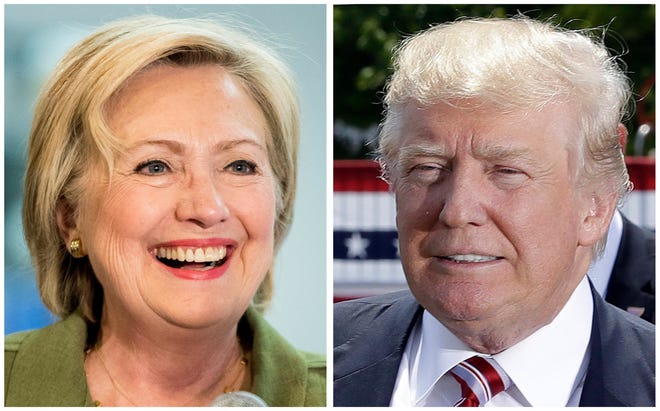Democratic presidential candidate Hillary Clinton and Republican presidential candidate Donald Trump in 2016 photos. Republican Donald Trump is leading the polls in Kansas, but Democrat Hillary Clinton has a stronger hold over donors. (File photographs/The Associated Press)