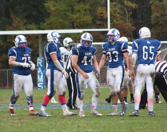 Photo by Carl Pepin

Kennebunk offensive players take possession and get ready to huddle. From left, Andrew Bouchard, Cole Hoffman, Pat Saunders, Dante DeLorenzo and Connor Archibald.