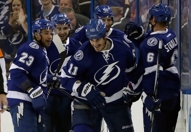 Tampa Bay Lightning center Brian Boyle, who grew up in Hingham, Mass., celebrates his goal against the Detroit Red Wings in an Oct. 13 game.