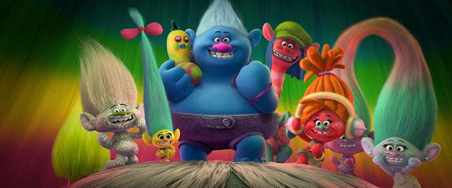 From left: Poppy's best friends Fuzzbert, Guy Diamond (voiced by Kunal Nayyar), Smidge (voiced by Walt Dohrn), Mr. Dinkles, Biggie (voiced by James Corden), Cooper (voiced by Ron Funches), DJ Suki (voiced by Gwen Stefani) and The Fashion Twins, Satin & Chenille (voiced by Aino Jaiwo and Caroline Hjelt of Icona Pop) in DreamWorks Animation's "Trolls." (DreamWorks Animation)