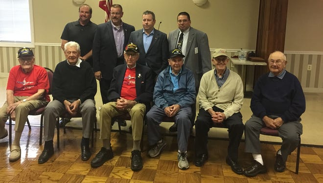 World War II veterans, seated on the front row, attended the Middletown Elks' sixth annual Honor Flight Fundraising Dinner. They are Lou LoFrese, Ken Van Sciver, Ed Collins, Richard Mather, Bill Meyers and Vince Masci. On the back row are Elks leaders who chaired the event. They are Vic Borrero and Lou Ingrassia Jr., co-chairs, Exalted Ruler Rich Tierney, and John Rivera. Photo provided