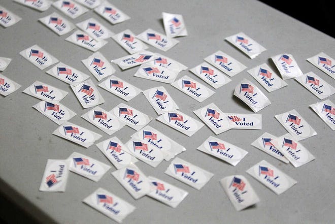 Detail photo of "I Voted" stickers that student were given after they voted. Students at Lubbock High School voted in a mock election voting for real candidates with real voting equipment, Thursday, Nov. 3, 2016, in Lubbock, Texas. (Mark Rogers/AJ Media)