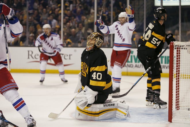 Bruins goalie Tuukka Rask (40) reacts after giving up a goal during the third period of Saturday's 5-2 loss to the Rangers in Boston. AP Photo