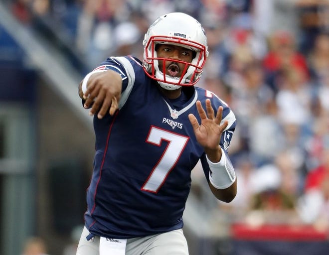 Patriots quarterback Jacoby Brissett throws a pass against the Miami Dolphins during a Sept. 18 game at Gillette Stadium,