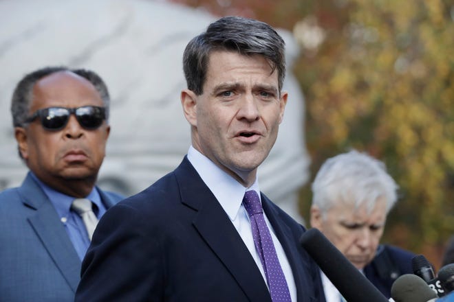Bill Baroni, New Jersey Gov. Chris Christie’s former top appointee at the Port Authority of New York and New Jersey, talks to reporters after he was found guilty on all counts in the George Washington Bridge traffic trial.