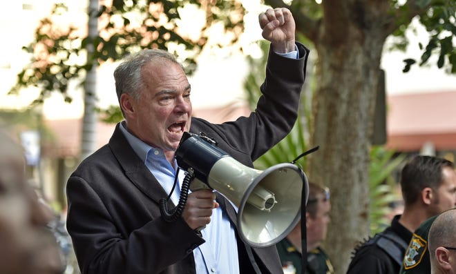 Democratic vice presidential candidate Tim Kaine stepped outside in downtown Sarasota on Saturday after his speech inside the Francis, using a bullhorn to talk to the overflow crowd. “Inside, I said, Florida, you guys are checkmate,” he said.

HERALD-TRIBUNE STAFF PHOTO / THOMAS BENDER
