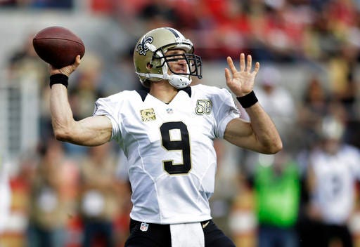 New Orleans Saints quarterback Drew Brees throws the ball during the first half of an NFL football game against the San Francisco 49ers, Sunday, Nov. 6, 2016, in Santa Clara, Calif. (AP Photo/D. Ross Cameron)