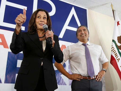 In this Nov. 3, 2016, photo, Democratic U.S. Senate candidate, Attorney General Kamala Harris gives a thumbs up to supporters during her visit to the campaign office of Rep. Ami Bera, D-Calif., in Elk Grove, Calif. There is much more at stake than the White House. State by state, district by district, neighborhood by neighborhood, candidates and campaigners are making their last pitch for Senate and House seats, state legislative seats, governor’s offices, ballot questions, judgeships, city councils and more. Democratic Sen. Barbara Boxer’s retirement creates a rare open U.S. Senate seat and, for the first time in the modern era, no Republican will be on the ballot.(AP Photo/Rich Pedroncelli)