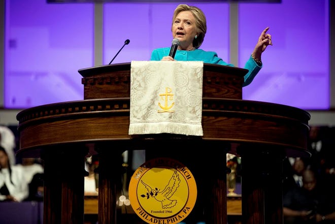 Democratic presidential candidate Hillary Clinton speaks at Mt Airy Church of God In Christ in Philadelphia, Sunday, Nov. 6, 2016. (AP Photo/Andrew Harnik)r