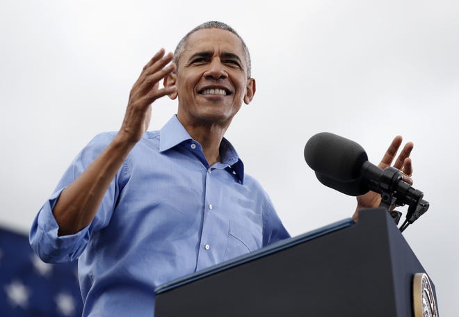 President Barack Obama speaks at a campaign event for Democratic presidential candidate Hillary Clinton at Osceola County Stadium in Kissimmee, Fla., Sunday, Nov. 6, 2016. (AP Photo/Carolyn Kaster)