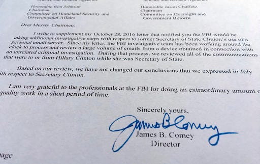 Part of a Nov. 6, letter from FBI director James Comey to Congress in which Comey tells Congress that a review of new Hillary Clinton emails has "not changed our conclusions" from earlier this year that she should not face charges.