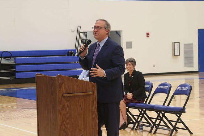 David Young, shown speaking at Van Meter High School, was re-elected to the U.S. House of Representatives for Iowa's 3rd District on Tuesday night.