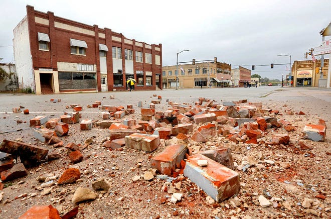 Damage in Cushing, Okla., is seen on Monday, Nov. 7, 2016, caused by Sunday night's 5.0 magnitude earthquake. Dozens of buildings sustained "substantial damage" after a 5.0 magnitude earthquake struck Cushing, home to one of the world's key oil hubs, but officials said Monday that no damage has been reported at the oil terminal. (Jim Beckel The Oklahoman via AP)