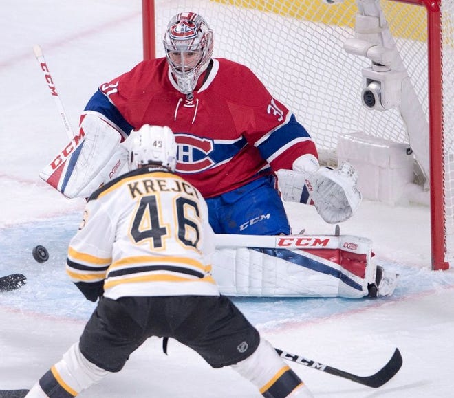 Montreal goalie Carey Price makes one of his 41 saves on Boston's David Krejci during the first period of Tuesday's game.