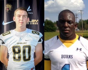 Cleveland County Players of the Week are Shelby placekicker Ethan Triplett, left, and Burns RB/DE Magale Burris.