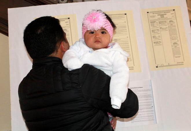 Luciana Mejia, 11 months, keeps watch as her father studies the ballot before voting in Clinton Tuesday morning. Item photo/JAN GOTTESMAN