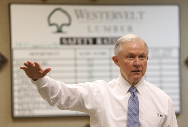 U.S. Sen. Jeff Sessions speaks to workers during a tour of the Westervelt Lumber company in Moundville on July 1, 2014. staff photo | Robert Sutton