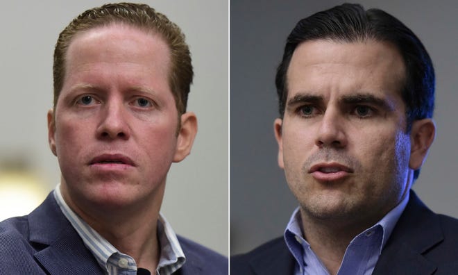 This two photo combo made with Oct. 29, 2016 file photo shows, David Bernier, candidate for governor of Puerto Rico and president of the Democratic Popular Party, left, and Ricardo Rossello, leading candidate for governor of Puerto Rico, and president of the New Progressive Party, in San Juan, Puerto Rico. Residents of Puerto Rico are U.S. citizens, but they can’t vote in the U.S. presidential election, a fact that the leading candidate for governor wants to change. (AP Photo/Carlos Giusti, File)